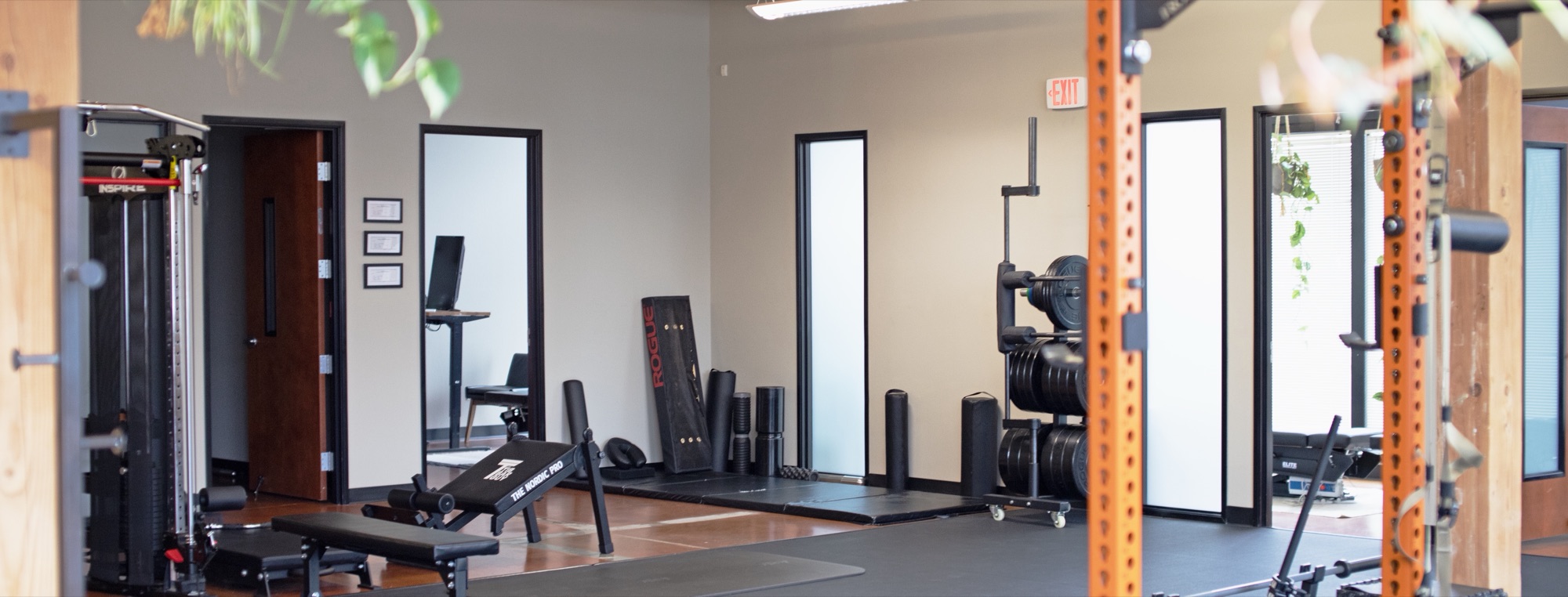 Wide view of the Move Better clinic floor — beams, treatment rooms, and natural light